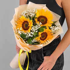 Букет “Подсолнух, зелень, гипсофила”