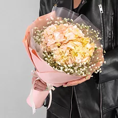 Букет из гортензии и гипсофилы в упаковке 