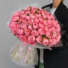 Букет из 51 пиона кораллового цвета в упаковке