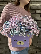 Букет живых цветов с радужной гипсофилой в сумочке