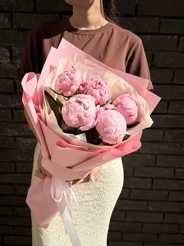 5 Розовых пионов в дизайнерской упаковке 