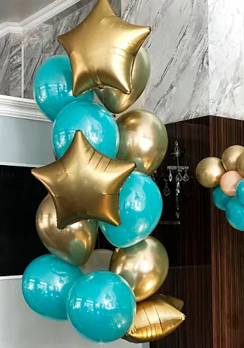 Фонтан из воздушных шаров "Золото хром бирюза", 13 шт