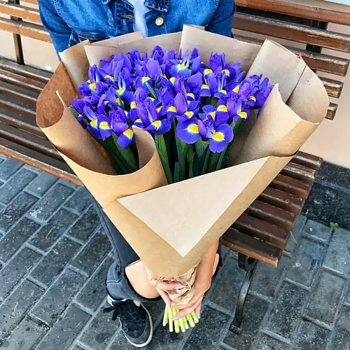 Букет живых цветов из 15 Ирисов оформленный в крафтовую упаковку